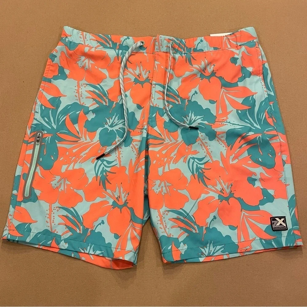 ZeroXposur Men’s Lined Swim Trunks Orange and Blue Tropical Print Large New!